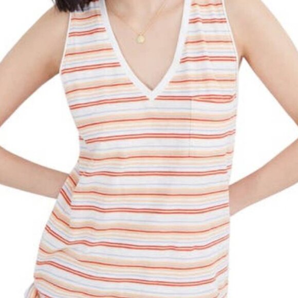 Madewell Tops - MADEWELL | Orange Striped Whisper Cotton V-Neck Pocket Tank | Size S